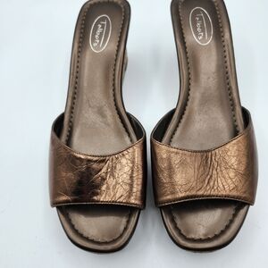 Talbots Bronze Metalic Leather Cork Heel 2.75" Slide Sandals Sz 9b
